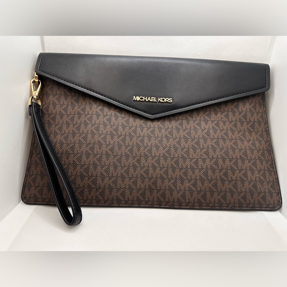 Michael Kors Signature Brown PVC & Brown Leather Clutch Large Wristlet Bag EUC
